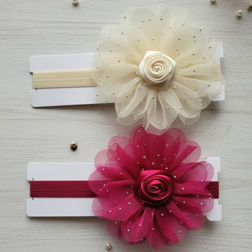 Colorsberry Elegant Tulle Flower Headband, For Kids & Girls, 11 cm, 2 Pieces (BURGUNDY & CREAM, FREE)-image-36
