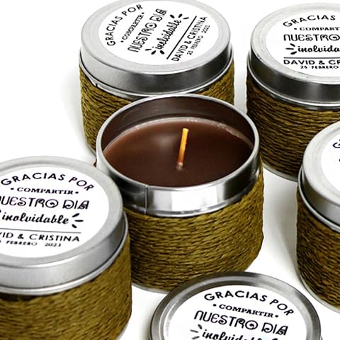 Pack de 12 velas aromáticas personalizadas con tu propio diseño o imagen para decorar tu hogar o cualquier evento como boda, bautizo, comuniones (Chocolate)
