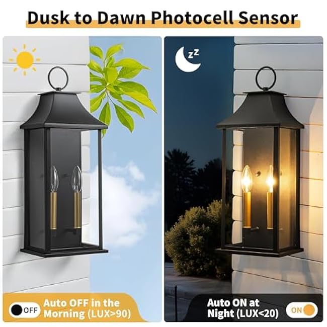 Outdoor Wall Lights, Large Dusk to Dawn Waterproof Outside Wall Lantern Sconce, Modern Fixture with Glass, Exterior Lamp for House, Porch, Garage, 2-Light (20.6 Inch, Black)