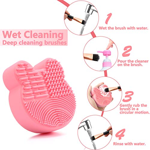 TailaiMei 2 Pack Makeup Brush Cleaning Mat with Color Removal Sponge, 2 in 1 Design Silicone Cleaner Pad for Dry Brush Color Switch and Wet Cleaning (Pink