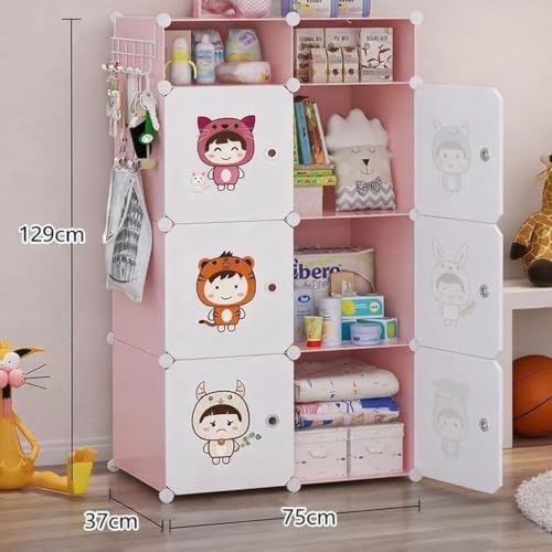 Image of EXVITO Collapsible Wardrobe Storage Cabinet | 6+2 Door Plastic Modular Clothes Organizer for Kids | Foldable Wardrobe Storage Rack with Hanging Space | Multi-Purpose Kids Closet Organizer - Pink