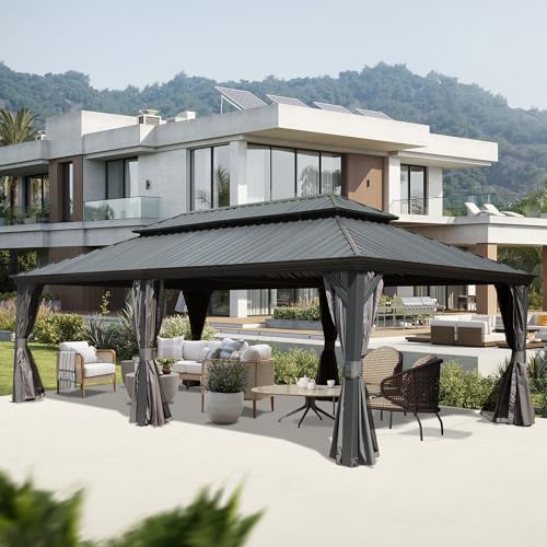 Domi 14' X 22' Hardtop Gazebo Outdoor Metal Gazebo Canopy with Galvanized Steel Double Roof, Aluminum Frame, Curtains and Netting for Patio, Deck, Garden, Grey