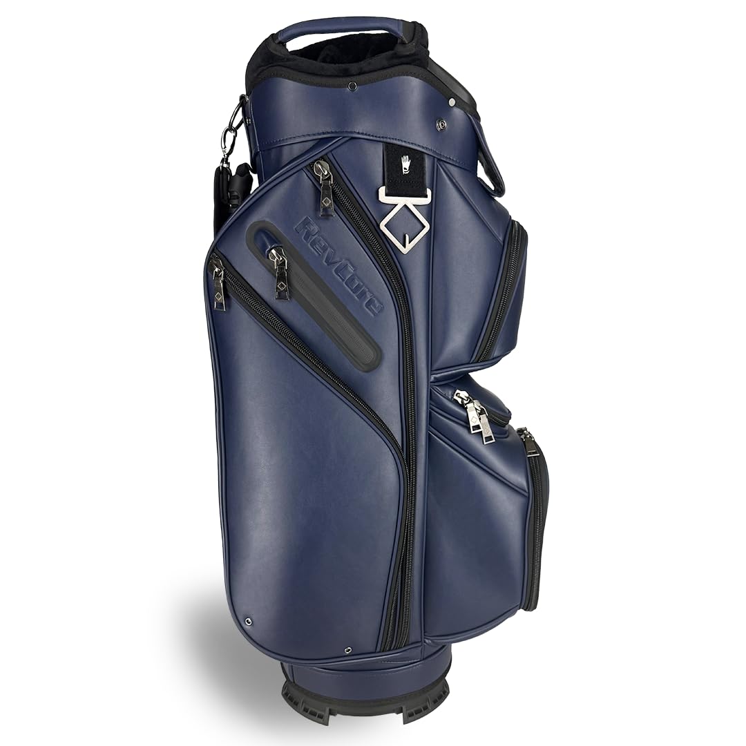 REVCORE Luxury Golf Cart Bag, Premium Synthetic Leather, 14 Way Dividers, Black Alloy Hardware, 9 Pockets w/2 Insulated Cooler, 2 Felt-Lined Valuable & Oversized Putter Well … (Blue)