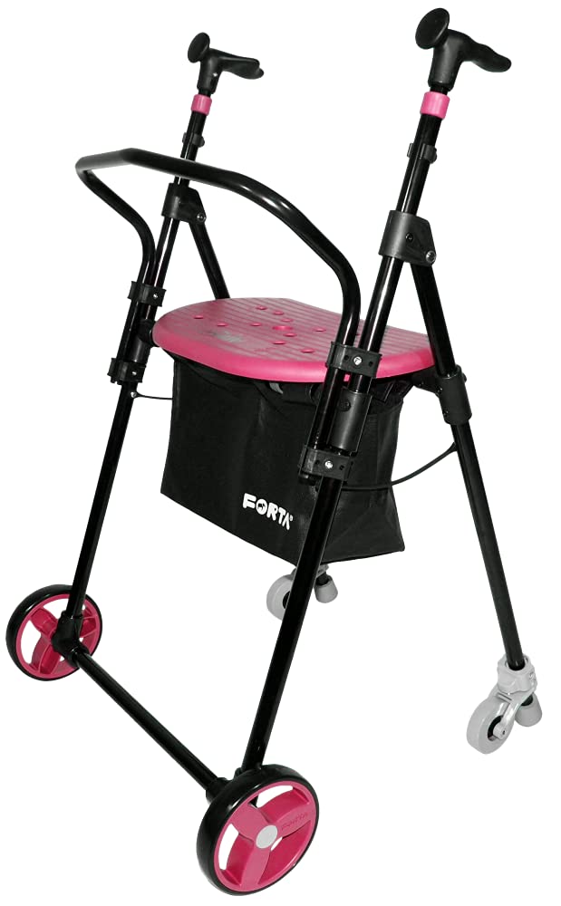 Andador para Ancianos, de acero plegable, con Frenos traseros, con Cesta Asiento y Respaldo, color Coral
