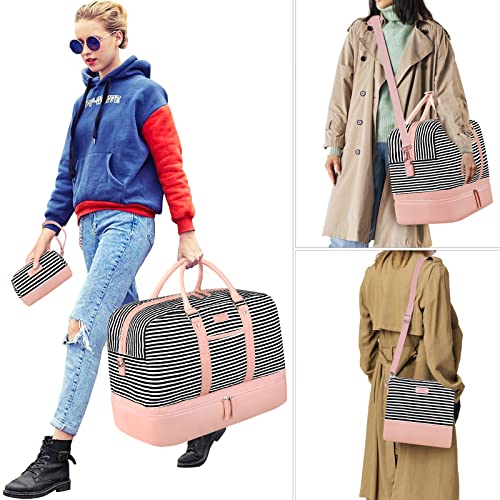 Image of Weekender Bag for Women, Large Overnight Bag Canvas Travel Duffel Bag Carry On Tote with Shoe Compartment 21 inch 3Pcs Set, A07-pink+black & white stripes, Large, Practical