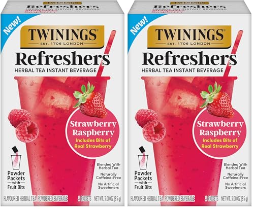 NEW Twinings Strawberry Raspberry Refreshers, Herbal Tea Instant Beverage with Real Strawberry Fruit Bits, 5 Count (Pack of 2), Café Style, No Artificial Sweeteners, Naturally Caffeine-Free, 5 Packets