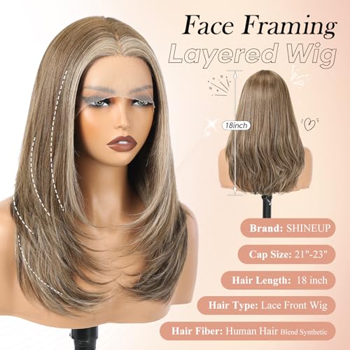 Image of EMMOR Human Hair Wig for Women 13x5x1 Inch HD Lace Front Wig 18 Inch Layered Glueless Wigs Pre-Plucked Hairline Human Hair Blend Premium Synthetic Fiber for Everyday Wear