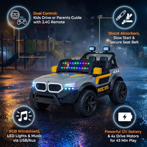 Image of KAB J 777 Rechargeable Battery Operated Jeep for Kids |POBO-2026 |Electric Ride-On Toy with LED Lights,Music,RGB Windshield,Steering Function & Dual Control (Yellow)