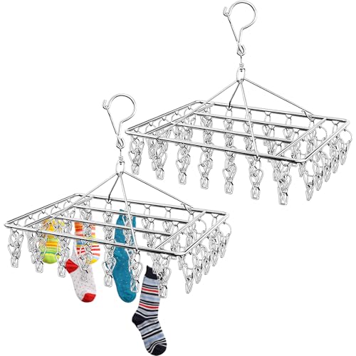 2Pcs Secadores Calcetines Plegables con 40 Clavijas & Gancho Giratorio Ganchos Percheros Metal Acero