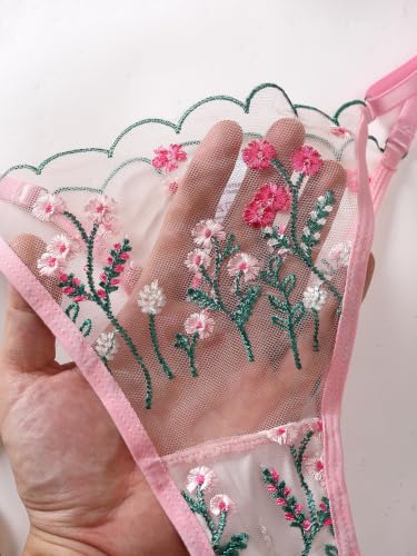 Image of Sexy Floral Embroidered Flower Mesh Underwire Push Up Lingerie Set
