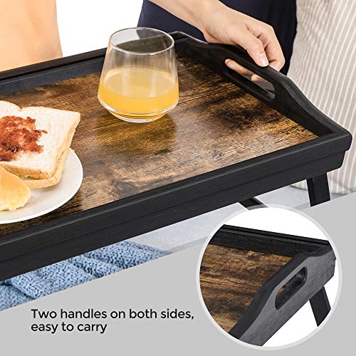 Image of SONGMICS Bed Tray Table with Bamboo Folding Legs, Sofa Breakfast Tray, Serving Tray with Groove for Phone Tablet, Rustic Dark Brown ULLD111B01