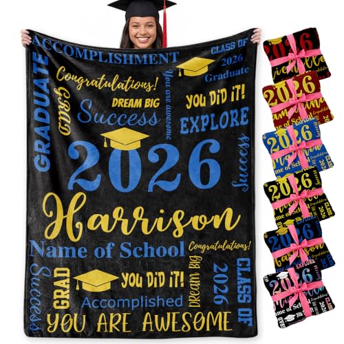 Graduation Gifts Personalized for Her Him Blankets with Name&School for College High School Middle School Class of 2026 Gifts Custom Name Blankets Master Degree/PHD Grad Gifts for Women Men