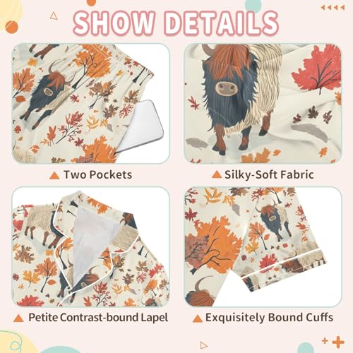 senya Highland Cattle Tree P Satin Summer Pajama Sets Silk Short Sleeve Button Down Sleepwear3