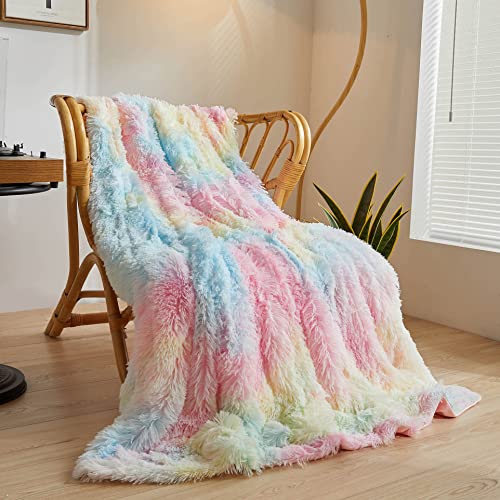 XeGe Plush Faux Fur Rainbow Throw Blanket, Tie Dye Shaggy Furry Blanket Throw Single, Fluffy Microfiber Velvet Couch Blanket