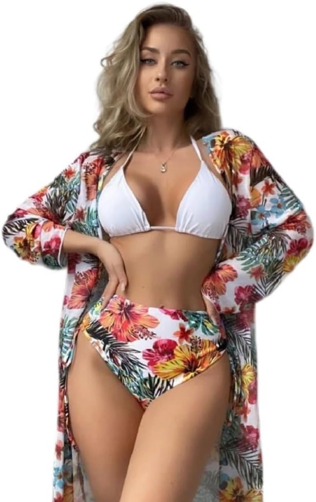 Women’s 3 Piece Swimsuit Floral Print Halter Bikini Set with Cover Up