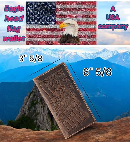 Image of F&L CLASSIC Men's RFID Vintage Look Genuine Leather Long Bifold Wallet Checkbook Wallets,brown eagle flag,240-101