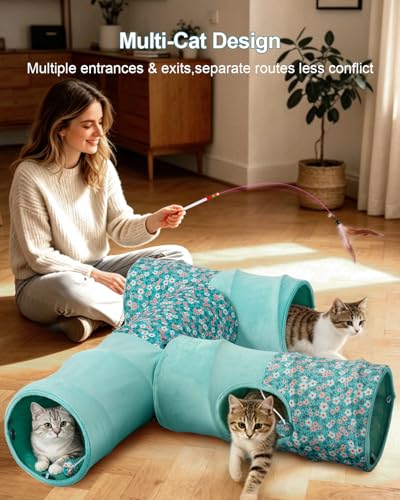 Image of Cat Tunnel, 3 Straight Shaped Tunnels 6 DIY Shapes with Wand Toys, No Noise Scratch Resistant Cool Linen Fabric, Interactive Pet Tunnel Tube for Indoor Cats, Puppy and Rabbits