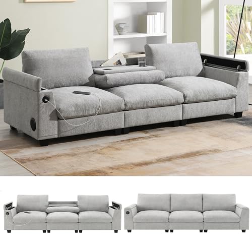 Merax 96' Chenille Sofa Recliner with Cup Holders, USB Charger & Bluetooth Speaker, 3 Seat Convertible to Loveseat Cloud Couches, Theater Double Seating W/Drop Down Table & Storage Armrest, Grey