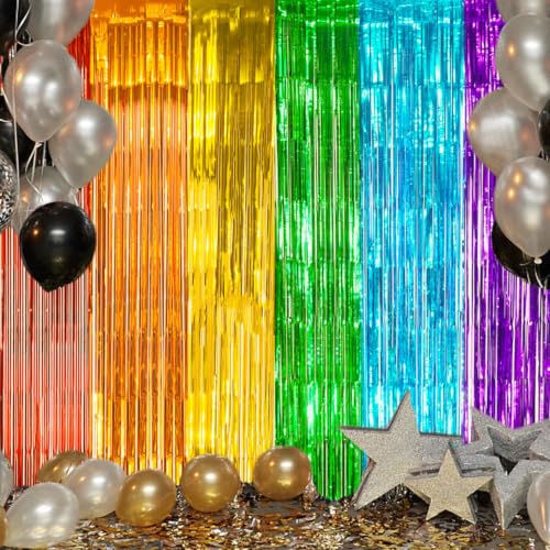 Image of DECOCKRAT 2 Pack Foil Fringe Backdrop - Combo Rainbow Shiny Tinsel Curtains for Party Decoration /Photo Booth Props - 3.3x6.6 FT Metallic Foil Backdrop for Birthday, Wedding, Graduation, Christmas.