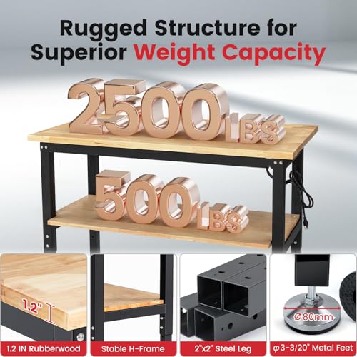 48 Inch Work Table for Garage Adjustable Height Rubber Wood Tabletop Workbench with Storage Work Bench Table with Power Outlets Pegboard Pad for Woodworking Shop Home Office