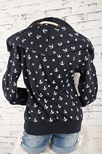 VIN TE Damen Sweat Jacke XXL Kapuze Hoodie Übergangsjacke Fleece gefüttert schräger Reißverschluss verschiedene Modelle Anker Pfote M - 3XL (as3, alpha, 3x_l, regular, regular, Blau-1797, 3XL)