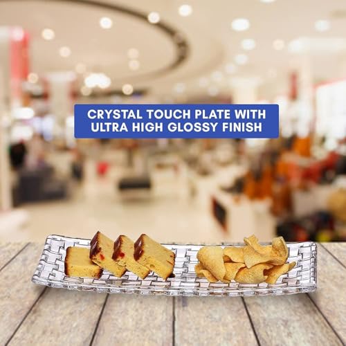 Image of Glassbunny Crystal Glass Rectangular Serving Tray 11 inch Elegant Grid Relief Long Clear White Serving Plate for Appetizer, Food, Sushi, Snack, Fruit, Cake & Dessert