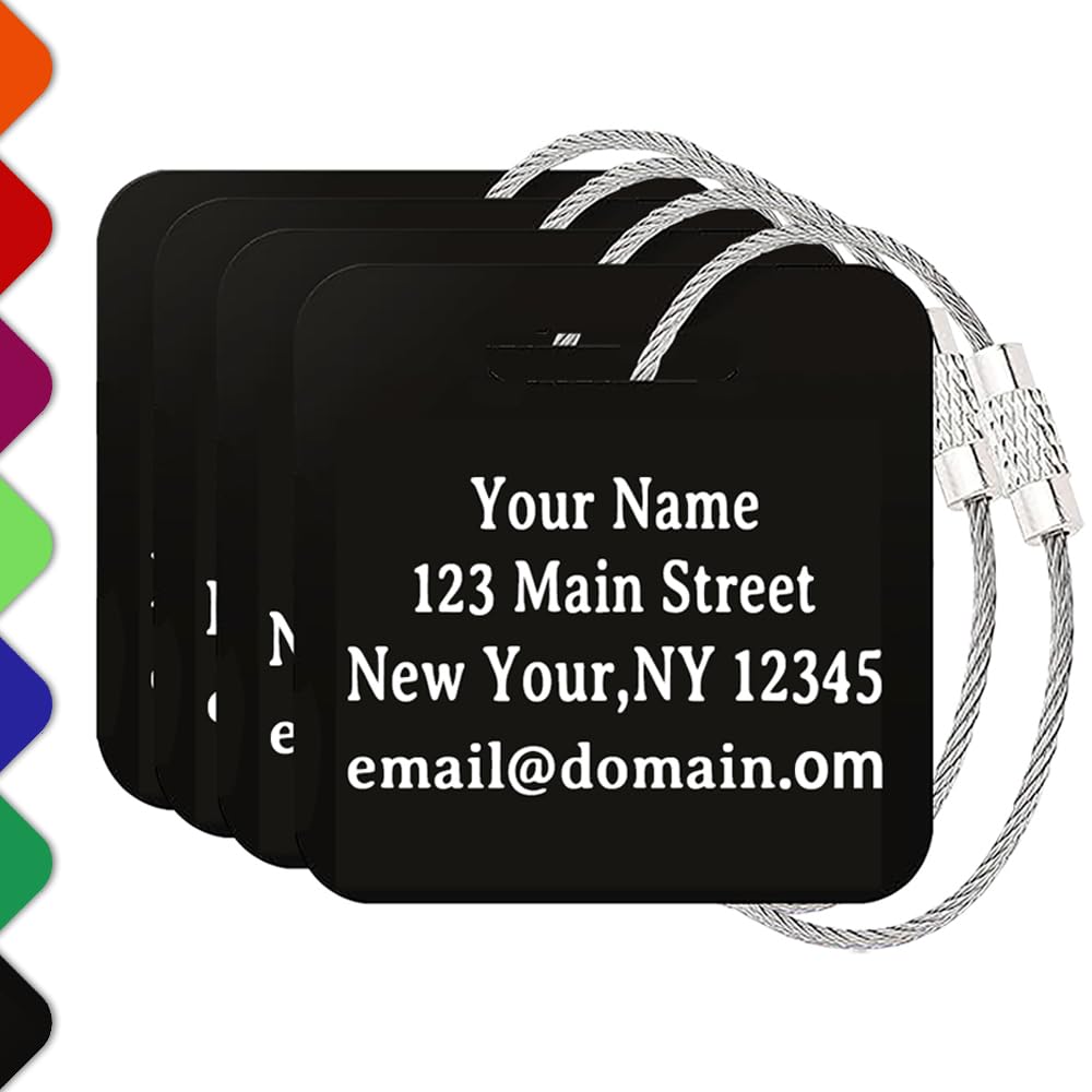 LING Ling's Design 4PCS Custom Luggage Tags, Personalized Name and Address for Suitcases and Backpacks, Black Travel Tag, 2x2 Inches, Acrylic Heavy