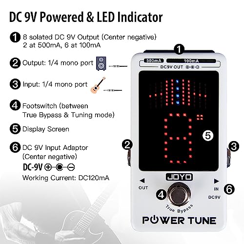 Image of JOYO Tuner & Power Supply Guitar Pedal, 8 Isolated DC 9V Outputs (2x500mA + 6x100mA), Chromatic Tuner with Large LED Display, True Bypass (JF-18R)