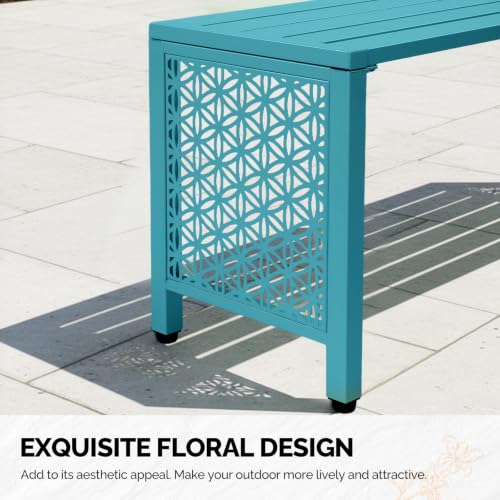 Image of VINGLI 40in Outdoor Metal Bench, All-Weathe Backless Patio Bench with Slatted Seat&Floral Side Panels, Rust-Resistant Garden Bench, Weatherproof Outdoor Seating for Porch Entryway Backyard (Blue)