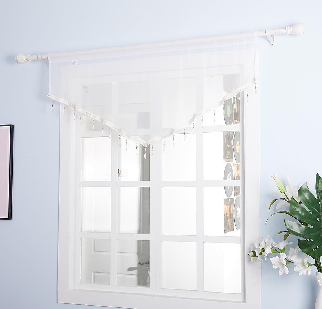 Molaxhome Lace Valance Swag Curtain 51 Inch Scalloped Sheer Curtain Panels with Crystal Beads - Image 3