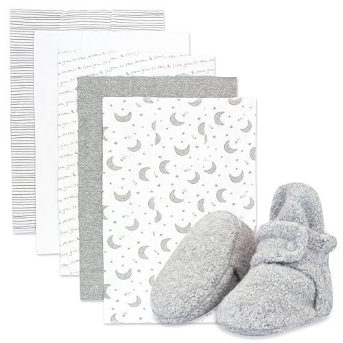 Zutano Newborn Girl Gift Set | 5 Pack Organic Burp Cloths and 0-3 month Fleece Baby Booties, Bundle, 3M