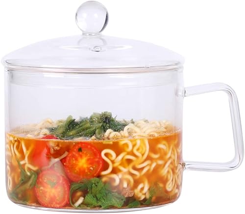 Cuenco de vidrio de tamaño pequeño con tapa y asa, 44 onzas líquidas / 1.4 L para fideos, pasta, sopa, cereales, frutas, sin BPA, horno microondas