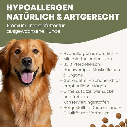 SALiNGO Premium Hundefutter Trocken 15kg Getreidefrei mit 83% Fleischanteil - Hypoallergenes Trockenfutter für Hunde, Hundetrockenfutter 15kg, Pferd & Süßkartoffel, Single Protein - Made in Germany