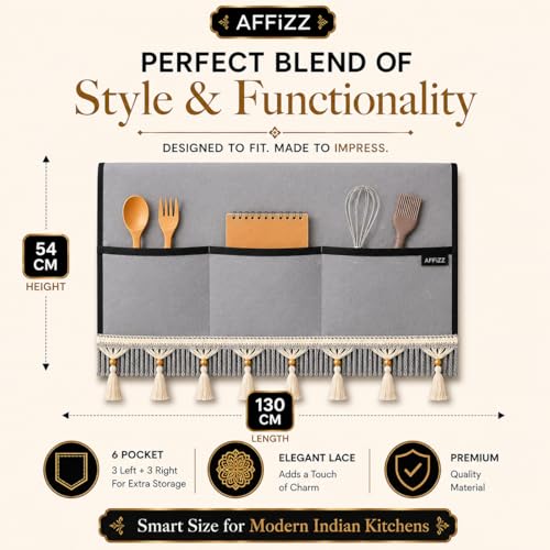 Image of Premium Decorative Refrigerator Cover with Tassel Lace & 6 Side Pockets | Waterproof, Dustproof & Washable Polyester Fridge Top Protector | Kitchen Organizer Fridge | 130 x 54 cm | Grey