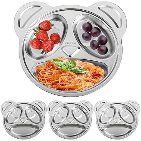 Lyellfe Set of 4 Stainless Steel Divided Plates, 3 Sections Unbreakable Dinner Plates, Cute Panda Shape Divided Plates for Picky Eaters, Lunch, Camping Cover