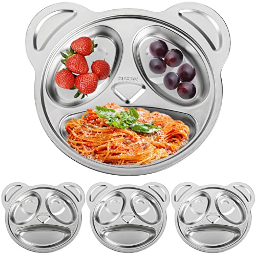 Image of Lyellfe Set of 4 Stainless Steel Divided Plates, 3 Sections Unbreakable Dinner Plates, Cute Panda Shape Divided Plates for Picky Eaters, Lunch, Camping