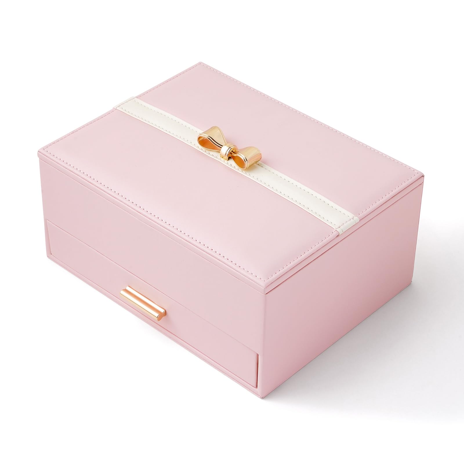 CASEGRACECASEGRACE Jewelry Organizer Box for Women, Bow-knot Handle Design Leather Jewelry Storage Box with Drawer for Necklace Ring Bracelet Earrings Jewelry Display Case Gift for Girls, Pink