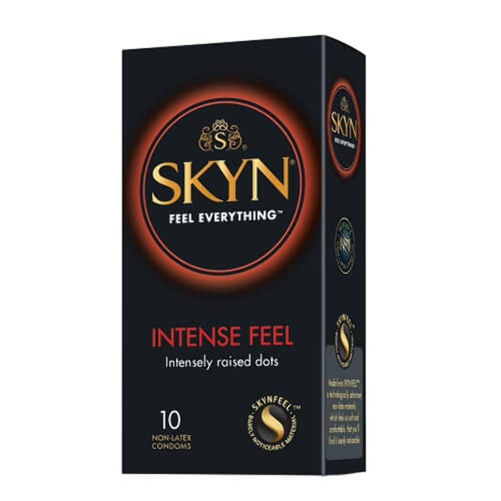 SKYN Intense Feel Condoms Pack of 10 SKYNFEEL Latex Free Condoms for Men, Regular Size, Thin, Ribbed and Dotted Straight Shape, Lubricated, 53mm Wide