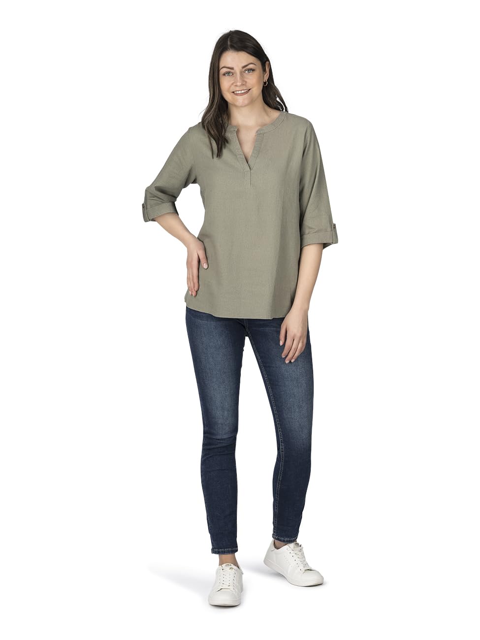 DENIMFY Lniana bluzka damska na lato, lekka, regularny krój, lniana bluzka z rękawami 3/4, dekolt w serek, jednokolorowa, biała, beżowa, zielona, S, M, L, XL, XXL