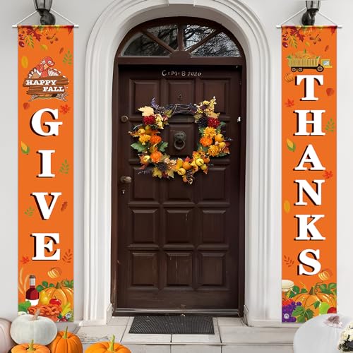 Thanksgiving Decorations Outdoor Give Thanks Banner, Fall Decor Friendsgiving Decorations Fall Front Porch Decor Harvest Decorations Thanksgiving Door Banner fall signs for home decor Outside Party
