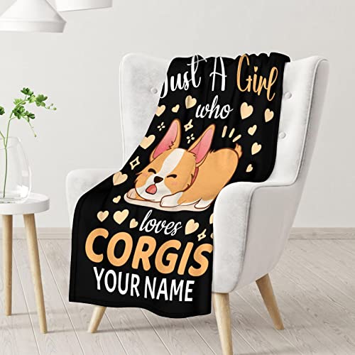 Personalized Corgi Blanket Gifts with Name - 50"x60" Cute Throw for Adults, Kids - Black Soft Fuzzy Blankets for Bed, Couch & Living Room