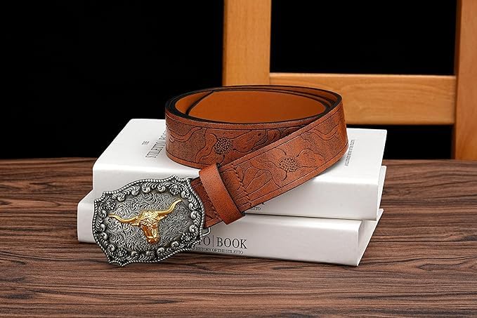 Btilasif Western Cowboy Belts for Men Women- PU Leather Floral Pattern Engraved Longhorn Bull Buckle Belts for Jeans3