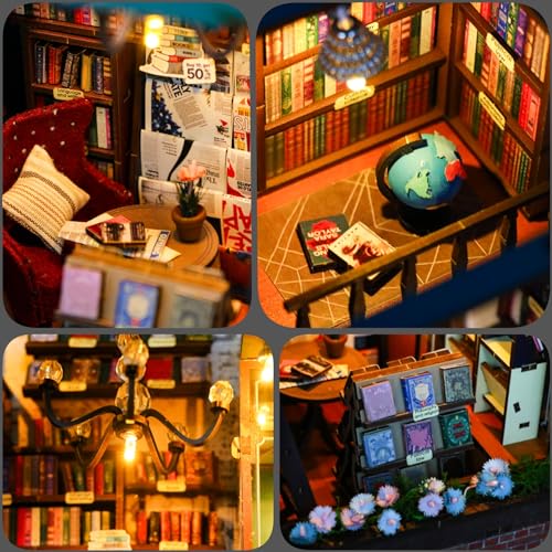 MEINESQIS Book Nook DIY Miniatures Book Nook Kit Store 3D Creative Decorative Bookend Bookshelf Insert Wooden Puzzle with Led Suitable for Teenagers Adults Halloween Christmas Decoration Gifts