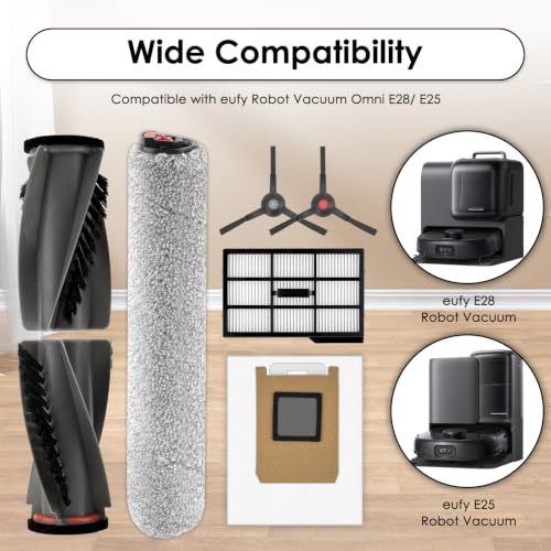 Image of (10 Pack) E28 E25 Omni Replacement Parts Compatible with Eufy E28 Omni / E25 Omni Robotic Vacuum Cleaner, 2 Roller Brushes, 2 Brush Rollers, 2 Side Brushes, 2 HEPA Filters, 2 Dust Bags, Accessories Kit