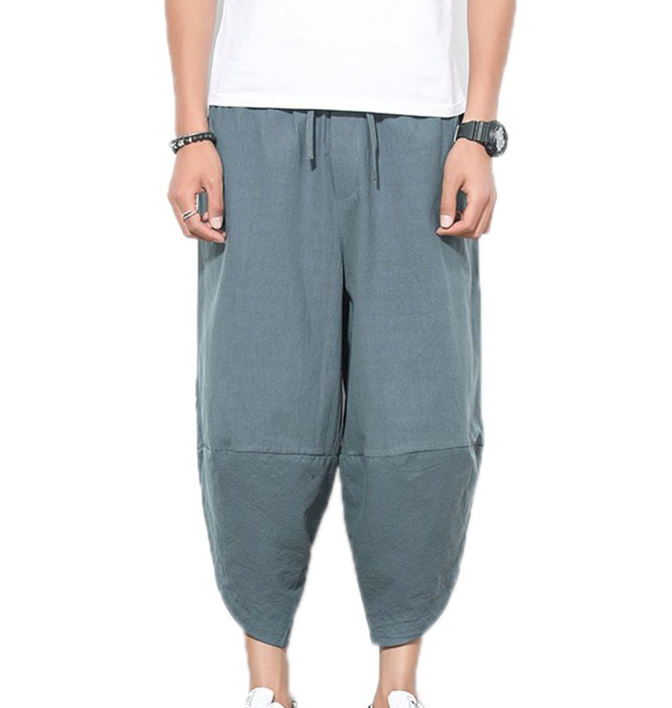 huatengMen's Summer Boho Hippie Wide Leg Cotton Baggy Harem Pants Trousers with Pockets Gray