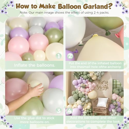 Image of Pastel Balloon Arch Garland Kit 154pcs, Double Stuffed Light Green Sage Green Purple Yellow Macaron Pink Balloons Arch Kit for Wildflower Baby Shower Wedding Birthday Party Decorations