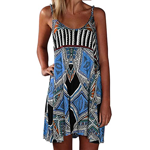 Frdun Vestido de mujer bohemio con estampado floral, sin mangas, con tirantes, estampado geométrico, para la playa, estilo étnico, para primavera y verano Cover