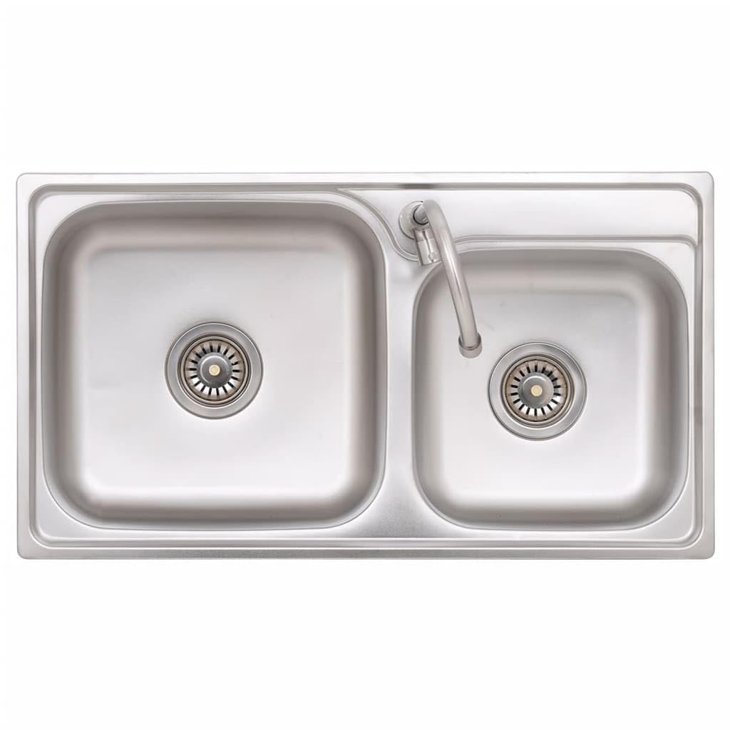 Fregadero de camping de acero inoxidable con doble lavabo, grifo y escurridor para exteriores, resistente a arañazos y golpes, apto para alimentos, repele la suciedad, fácil de limpiar, extraprofundo