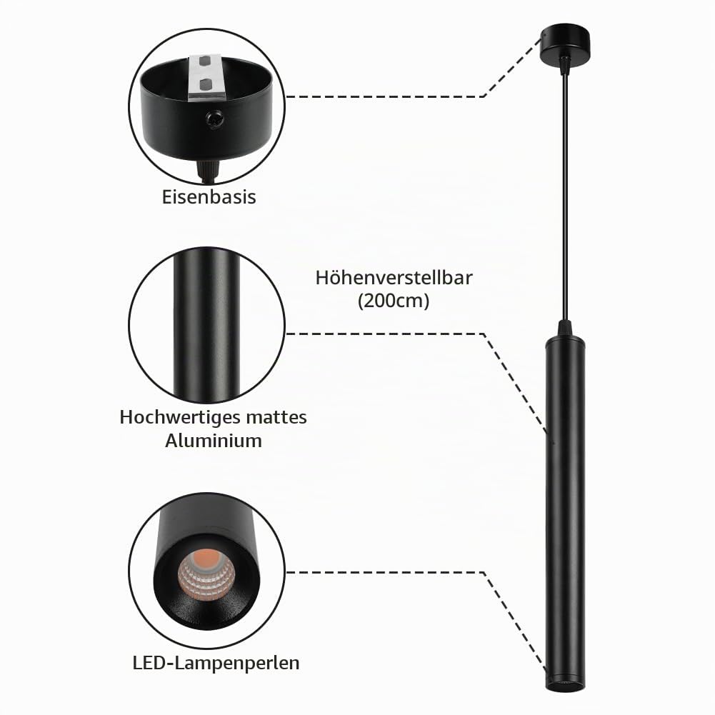 HOTUT Zylinder Hängelampe Schwarz,3 Stück Pendelleuchte Modern Zylinder, Höhenverstellbar 30cm Aluminium Kronleuchter, Hängeleuchte lang für Küche Esszimmer Nachttisch Schlafzimmer Bar