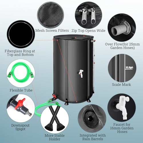 100 Gallon Collapsible Rain Barrel, SKM Portable Rain Water Collection Barrel for Garden/Outside/Lawn, PVC Rainwater Collection System Water Tank Storage Container with Spigots & Overflow Kit, Black - Thumbnail 4